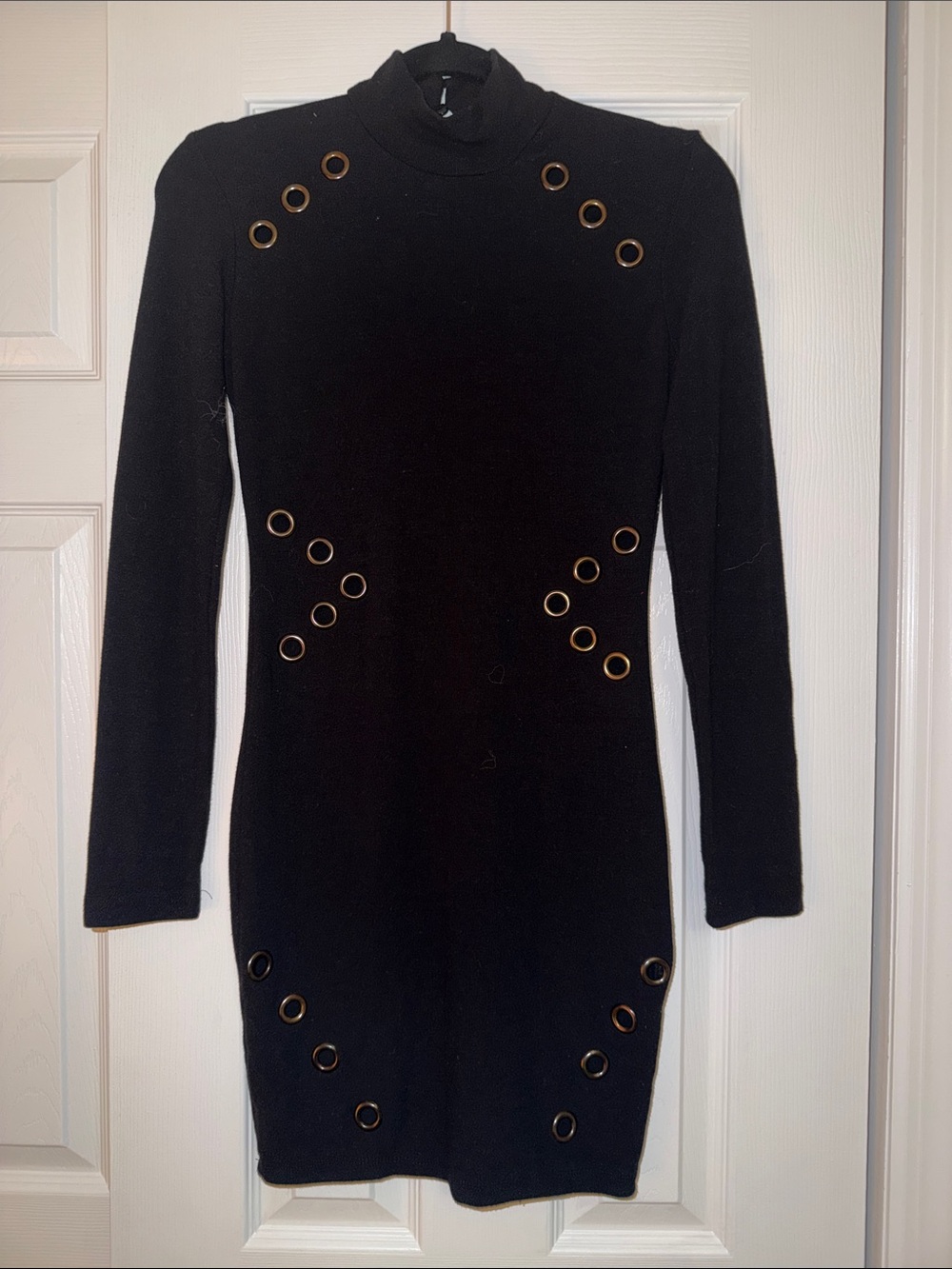Long Sleeve Black Eyelet-Accent Knit Dress